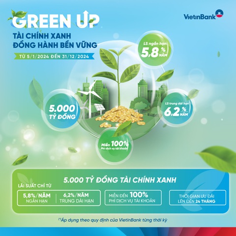 VietinBank dành 5.000 tỉ đồng cho vay ưu đãi dự án xanh- Ảnh 1. VietiBank cho biết lãi vay ưu đãi cho các dự án xanh chỉ từ 5,8%/năm - Ảnh: VTB
