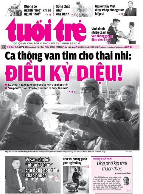 Bào thai được thông tim thành công là thành tựu y tế nổi bật của Việt Nam- Ảnh 2. Ca thông tim cho thai nhi được Tuổi Trẻ nhật báo trang trọng đưa lên trang 1 số báo ngày 8-1