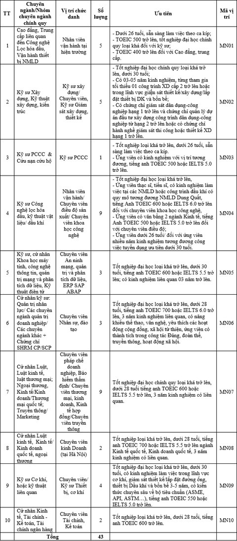 Lọc hóa dầu Bình Sơn thông báo tuyển dụng 43 nhân sự - Ảnh 1.