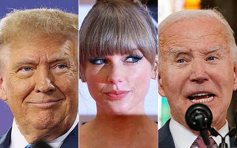 Taylor Swift (giữa) có thể là nhân tố quyết định nếu ông Trump (trái) và ông Biden tái đấu - Ảnh: REUTERS Taylor Swift (giữa) có thể là nhân tố quyết định nếu ông Trump (trái) và ông Biden tái đấu - Ảnh: REUTERS