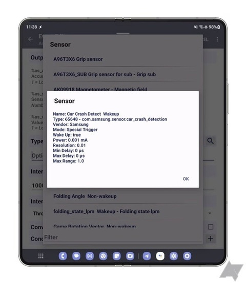 Điện thoại Samsung Galaxy S24 và Z Fold 5 có thể phát hiện tai nạn?- Ảnh 2. Cảm biến Car Crash Detect Wakeup trên điện thoại Samsung - Ảnh: Android Police