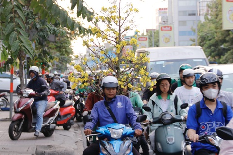 Khu vực Tân Sơn Nhất ken đặc xe những ngày giáp Tết- Ảnh 1. Người giao hoa Tết trót đi vào quãng kẹt trên đường Cộng Hòa nơm nớp lo hoa của khách bị hư hỏng do va quẹt - Ảnh: TIẾN QUỐC
