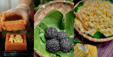 Từ trái qua: xôi gấc, xôi vừng đen, xôi bắp - Ảnh: HIỀN MINH Từ trái qua: xôi gấc, xôi vừng đen, xôi bắp - Ảnh: NVCC