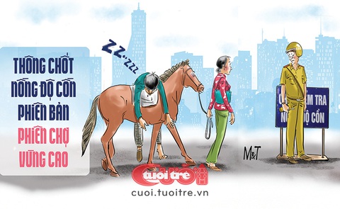 Thông chốt nồng độ cồn phiên bản vùng cao- Ảnh 1. Thông chốt nồng độ cồn phiên bản phiên chợ vùng cao - Tranh: Đỗ Minh Tuấn