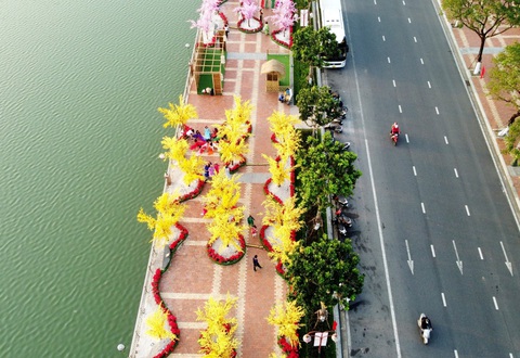 Đường hoa Tết Đà Nẵng sẽ duy trì đến hết Tết Nguyên tiêu- Ảnh 1. Đường hoa Tết bên bờ sông Hàn Đà Nẵng - Ảnh: ĐOÀN CƯỜNG