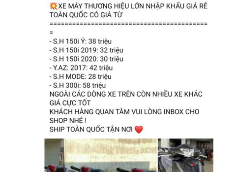 Một bài đăng kèm thông tin rao bán xe máy Honda SH giá rẻ so với xe chính hãng của các trang facebook - Ảnh: CÔNG AN TỈNH BẮC GIANG Một bài đăng kèm thông tin rao bán xe máy Honda SH giá rẻ so với xe chính hãng của các trang Facebook - Ảnh: CÔNG AN TỈNH BẮC GIANG