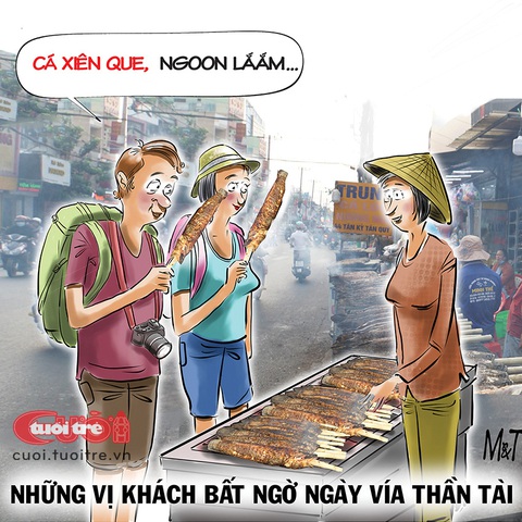Khách Tây bất ngờ với ngày vía Thần Tài- Ảnh 1. Khách Tây bất ngờ với ngày vía Thần Tài - Tranh: Đỗ Minh Tuấn