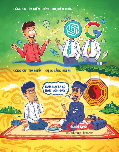 Công cụ tìm kiếm: Google đối đầu thầy bói- Ảnh 1. Công cụ tìm kiếm: Google đối đầu thầy bói - Tranh: Hải Nam