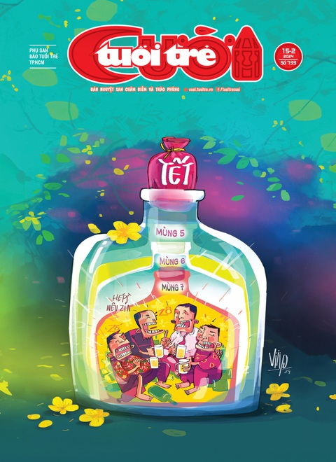 Tuổi Trẻ Cười số tân niên: Ăn Tết 'vô cực', hết mùng còn mền- Ảnh 1. Biếm họa bìa Tuổi Trẻ Cười số tân niên