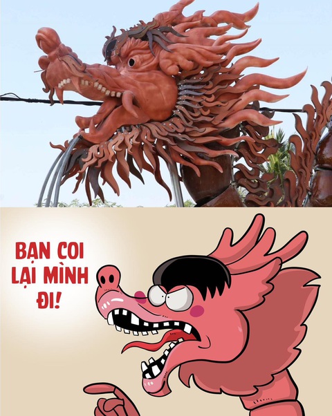 Cùng nghe linh vật rồng 'kể chuyện' qua nét vẽ Thăng Fly- Ảnh 6. Dẫu ở xa xôi nhưng "rồng Bình Dương" khảng khái "bênh vực" bạn mình. Được biết, linh vật rồng này đang đặt tại TP Thủ Dầu Một. Toàn bộ "chú rồng" này được làm từ gốm và những chiếc lu. Dù có tạo hình "khủng" nhưng nét mặt của "anh bạn" khiến nhiều người liên tưởng đến nhân vật sói trong phim hoạt hình Hãy đợi đấy.