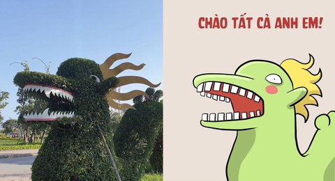 Cùng nghe linh vật rồng 'kể chuyện' qua nét vẽ Thăng Fly- Ảnh 1. Thành phố Đồng Hới (tỉnh Quảng Bình) ra mắt 12 mô hình rồng được làm từ cây dương. Tuy nhiên, một trong 12 mô hình này đã được dân mạng "chộp lại" và chia sẻ rầm rộ lên mạng xã hội. Nhiều người cho rằng "chú rồng" này chưa đủ uy nghi như tưởng tượng. Còn qua nét vẽ của họa sĩ Thăng Fly, một cư dân mạng trêu: "Thiếu mất hai cái răng nanh của người ta rồi?!".