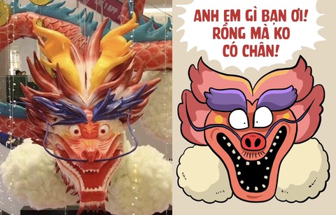 Cùng nghe linh vật rồng 'kể chuyện' qua nét vẽ Thăng Fly- Ảnh 2. Linh vật rồng ở Aeon Mall (Tân Phú, TP.HCM) là một trong những linh vật rồng xuất hiện sớm nhất ở "đường đua linh vật" năm nay. Tạo hình tuy được khen tỉ mỉ, chăm chút nhưng không giấu được "khuyết điểm" phần mắt tỏ rõ vẻ hoảng sợ, ngỡ ngàng. Mặc kệ lời chê của cư dân mạng, "chú rồng" của Thăng Fly vẫn rất tự tin gửi lời mỉa mai bạn mình: "Rồng mà không có chân!".