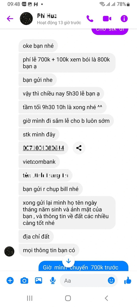 Facebook Vân Nguyễn Facebook Vân Nguyễn "phốt" một thầy bói nhận 800.000 đồng rồi mất hút - Ảnh: FBNV