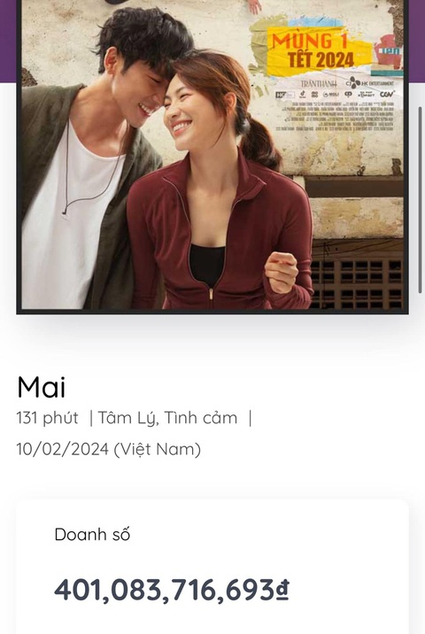 Mai của Trấn Thành vượt mốc 400 tỉ giữa nghi vấn nhiều khán giả dưới 18 tuổi đến rạp- Ảnh 1. Phim Mai của Trấn Thành vượt mốc 400 tỉ đồng bán vé sau 12 ngày ra rạp