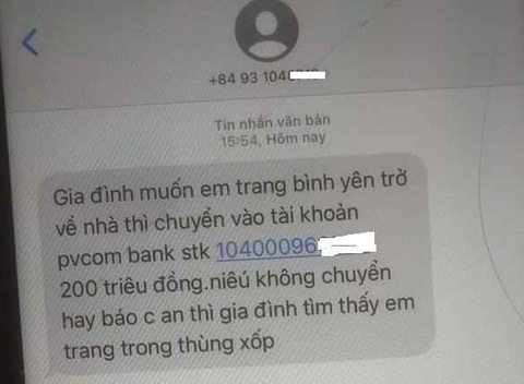 Vụ thiếu nữ 14 tuổi được trình báo mất tích: Người mẹ nhận tin nhắn đe dọa đòi 200 triệu- Ảnh 2. Tin nhắn đe dọa được gửi đến điện thoại mẹ của Trang - Ảnh: Công an cung cấp