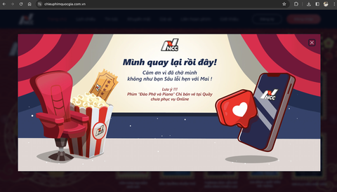 Trang web Trung tâm Chiếu phim quốc gia hoạt động trở lại vào sáng 23-2 với bảng thông báo nhắc đến phim Mai và Đào, phở và piano - Ảnh: Chụp màn hình Trang web Trung tâm Chiếu phim quốc gia hoạt động trở lại vào sáng 23-2 với bảng thông báo nhắc đến phim Mai và Đào, phở và piano - Ảnh: Chụp màn hình