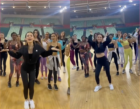 Mai Phương truyền bá điệu nhảy 'See tình' đến hội chị em Miss World- Ảnh 2. Đại diện Việt Nam tại Miss World còn hăng say dạy điệu nhảy cho người đẹp khác