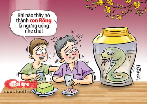 Cách uống rượu rắn năm con rồng- Ảnh 1. Cách uống rượu rắn năm con rồng - Tranh: Đức Thuận