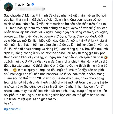 Trúc Nhân viết tâm thư tạm biệt tuổi 18 sau chuyến lưu diễn dài ngày- Ảnh 2. Ảnh chụp màn hình bài đăng dài của Trúc Nhân