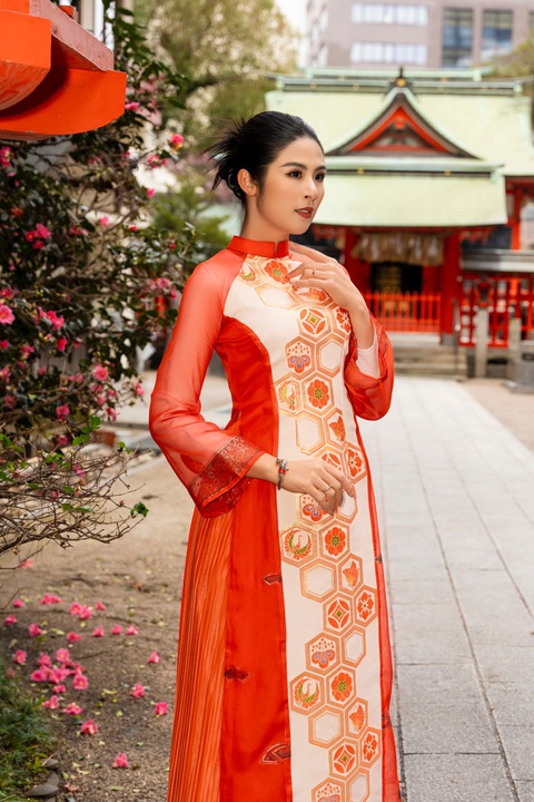 Chịu cái lạnh 2 độ C, Ngọc Hân vẫn rạng rỡ chụp ảnh áo dài ở Nhật Bản- Ảnh 6. Họa tiết Obi rực rỡ trong văn hóa Nhật Bản được Ngọc Hân đưa lên áo dài