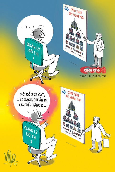 Khi cán bộ quản lý đô thị bị... loạn thị- Ảnh 1. Khi cán bộ quản lý đô thị bị... loạn thị - Tranh: Viiip