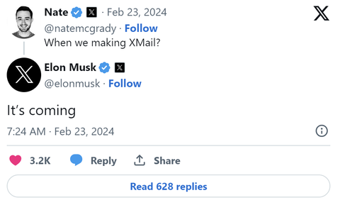 Elon Musk hé lộ dịch vụ Xmail
sau tin đồn Gmail bị khai tử- Ảnh 2. Ông Musk tiết lộ về Xmail trên mạng xã hội X - Ảnh chụp màn hình