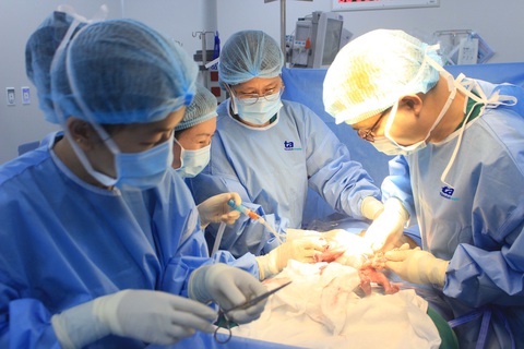 Tôn vinh phác đồ 'giờ vàng' cứu sống trẻ sinh cực non- Ảnh 3. Bác sĩ Sản khoa (phải) kết hợp bác sĩ Sơ sinh (thứ hai từ trái qua) cứu bé sinh non bằng phác đồ “giờ vàng” - Ảnh: Tuệ Diễm