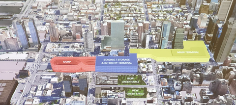 Ngắm thiết kế bến xe buýt New York mới trị giá 10 tỉ USD- Ảnh 11. Khu vực màu vàng là nhà ga chính, màu xanh là kho chứa và màu đỏ là lối vào chính - Ảnh cắt từ video