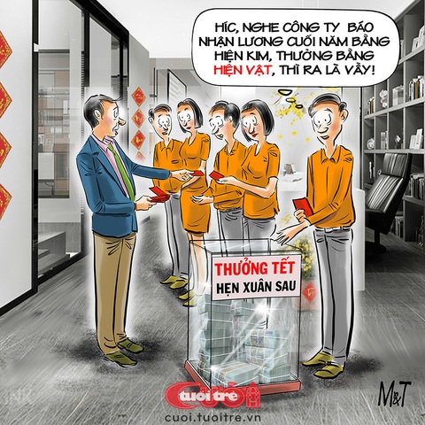 Công ty thưởng Tết kỳ cục- Ảnh 1. Công ty thưởng Tết kỳ cục làm nhân viên ngỡ ngàng - Tranh: Đỗ Minh Tuấn