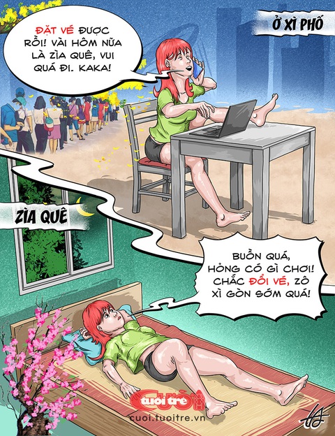 Cô gái hớn hở vì đặt được vé về quê ăn Tết- Ảnh 1. Cô gái hớn hở vì đặt được vé về quê ăn Tết - Tranh: Nguyễn Tuấn Anh