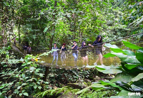 Khám phá làng văn hóa Mari Mari độc đáo và bí ẩn- Ảnh 12. Du khách đi qua cầu treo để vào làng văn hóa Mari Mari