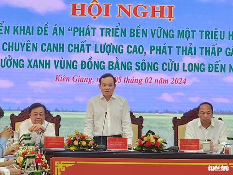 Miền Tây triển khai 1 triệu héc ta trồng lúa chất lượng cao- Ảnh 2. Phó thủ tướng Chính phú Trần Lưu Quang chỉ đạo tại hội nghị triển khai kế hoạch đề án 1 triệu ha lúa - Ảnh: BỬU ĐẤU