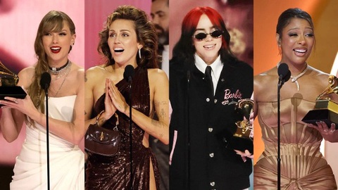 Grammy 2024 và những người phụ nữ bền bỉ định hình thế giới âm nhạc- Ảnh 2. (Từ trái qua) Taylor Swift, Miley Cyrus, Billie Eilish, Victoria Monét thắng những giải thưởng quan trọng tại Grammy 2024 - Ảnh: The Hollywood Reporter