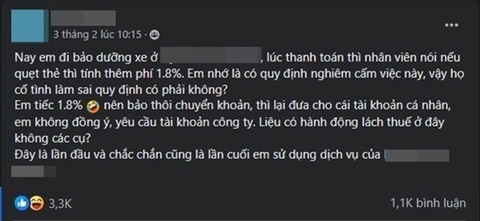 Chủ xe phàn nàn đại lý ô tô thu phí cà thẻ- Ảnh 1. Một chủ xe phàn nàn về phí quẹt thẻ - Ảnh chụp màn hình