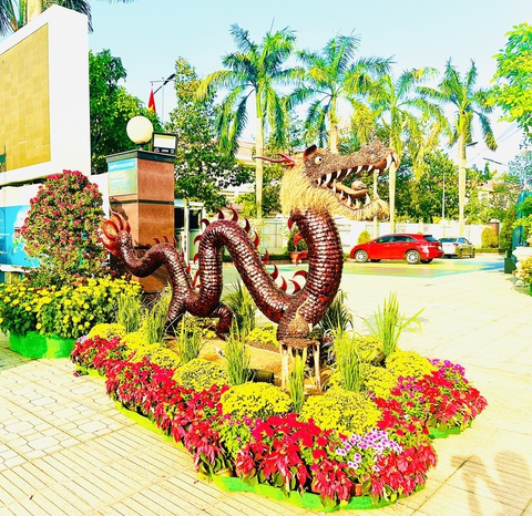 Lạ mắt với rồng đen bằng gáo dừa tại Bến Tre- Ảnh 4. Ông Trương Minh Tấn - giám đốc BIDV Đồng Khởi, cho biết con rồng được làm chủ yếu từ chất liệu cây dừa, được một người dân Bến Tre, đồng thời là một khách hàng của Ngân hàng BIDV Đồng Khởi tặng