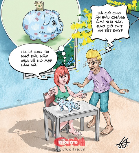 Nuôi heo ăn Tết và cái kết- Ảnh 1. Nuôi heo ăn Tết và cái kết - Tranh: Nguyễn Tuấn Anh