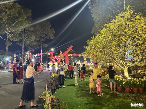 Khai trương đường hoa xuân Giáp Thìn duy nhất miền Tây- Ảnh 3. Đông đảo người dân tham quan chụp ảnh đường hoa trong đêm khai mạc - Ảnh: ĐẶNG TUYẾT