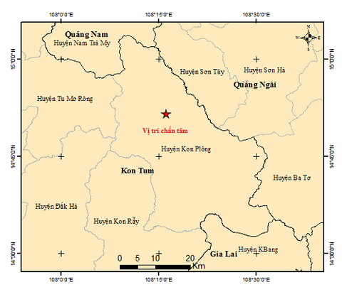 Trưa 28 tháng chạp, Kon Tum xảy ra liên tiếp 5 trận động đất- Ảnh 1. Vị trí tâm chấn trận động đất mạnh 4 độ, xảy ra lúc 11h12 trưa 7-2 - Ảnh: Viện Vật lý địa cầu