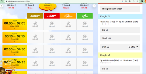 Vietjet &quot;cháy vé&quot; chặng bay Thanh Hóa - TP.HCM vài ngày liền dịp sau Tết - Ảnh chụp màn hình website của hãng Vietjet