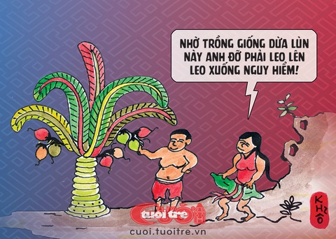 Chùm tranh dân gian độc lạ mừng xuân Giáp Thìn- Ảnh 1. Tranh dân gian hứng dừa dễ như ăn kẹo - Tranh: Khổ