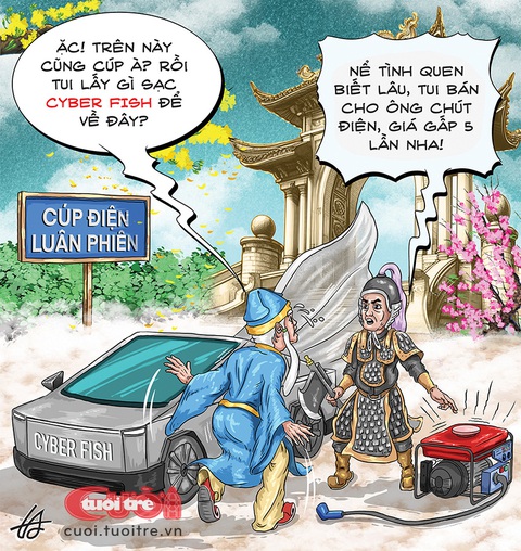 Thiên Lôi 'chặt chém' Táo Quân- Ảnh 1. Thiên Lôi "chặt chém" Táo Quân - Tranh: Nguyễn Tuấn Anh