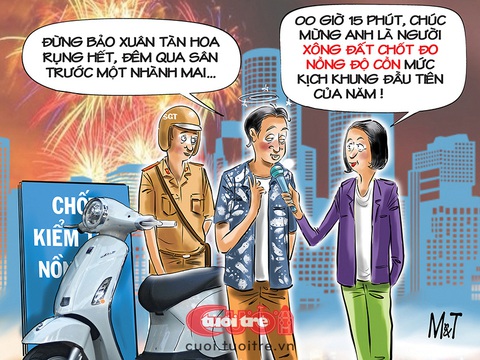 Thanh niên xông đất chốt đo nồng độ cồn- Ảnh 1. Thanh niên xông đất chốt đo nồng độ cồn - Tranh: Đỗ Minh Tuấn
