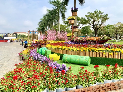Công nhân canh giữ cặp rồng vàng Quảng Nam giữa rừng hoa Tết- Ảnh 6. Vườn hoa Tết tại quảng trường 24-3 ở Tam Kỳ vừa được hoàn thiện để phục vụ nhân dân Quảng Nam dịp Tết Giáp Thìn 2024