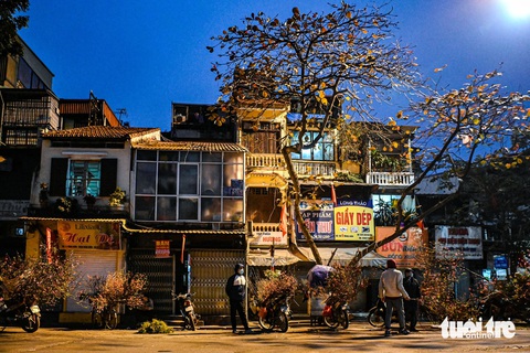 Hà Nội yên bình sáng 30 Tết- Ảnh 1. Từ sáng sớm, nhiều gánh hoa đào đã xuống phố trong cái rét ngọt - Ảnh: HỒNG QUANG