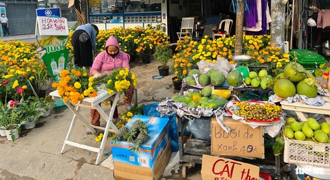 Chợ Tết ngoại thành 30 tháng chạp: Nhiều sạp xả hàng, chủ sạp cầm micro hát- Ảnh 6. Hoa xổ giá từ 25.000 đồng/chậu - Ảnh: YẾN TRINH