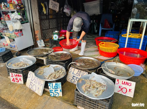 Chợ Tết ngoại thành 30 tháng chạp: Nhiều sạp xả hàng, chủ sạp cầm micro hát- Ảnh 7. Tôm cá ghi bảng giá rõ ràng - Ảnh: YẾN TRINH