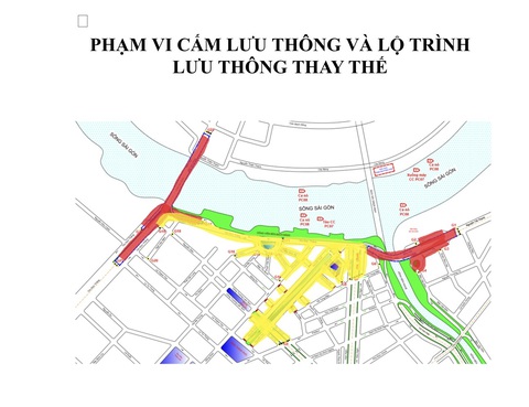 TP.HCM cấm xe nhiều đường trung tâm phục vụ đón giao thừa- Ảnh 1. Sơ đồ phạm vi cấm xe cộ đi lại và lộ trình thay thế trong thời gian tổ chức bắn pháo hoa ở TP.HCM - Nguồn: Sở Giao thông vận tải TP.HCM