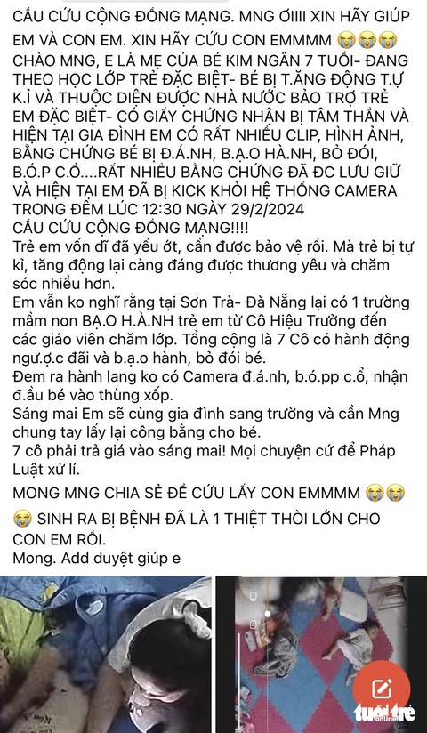 Xác minh thông tin trẻ tự kỷ bị bảo mẫu kéo tóc, đánh đập, lấy chăn trùm mặt- Ảnh 2. Bài đăng của phụ huynh em N. trên mạng xã hội - Ảnh chụp màn hình