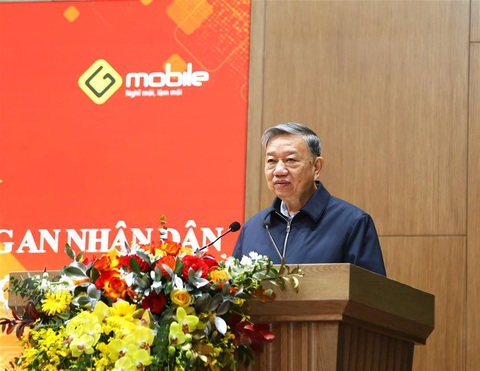 Phát động sử dụng mạng viễn thông di động Gtel Mobile- Ảnh 3. Bộ trưởng Tô Lâm phát biểu tại buổi lễ