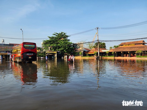 Triều cường dâng cao gây ngập nhiều tuyến đường, nhà dân ở Mỹ Tho- Ảnh 3. Nhà hàng Trung Lương bị ngập lênh láng trong biển nước